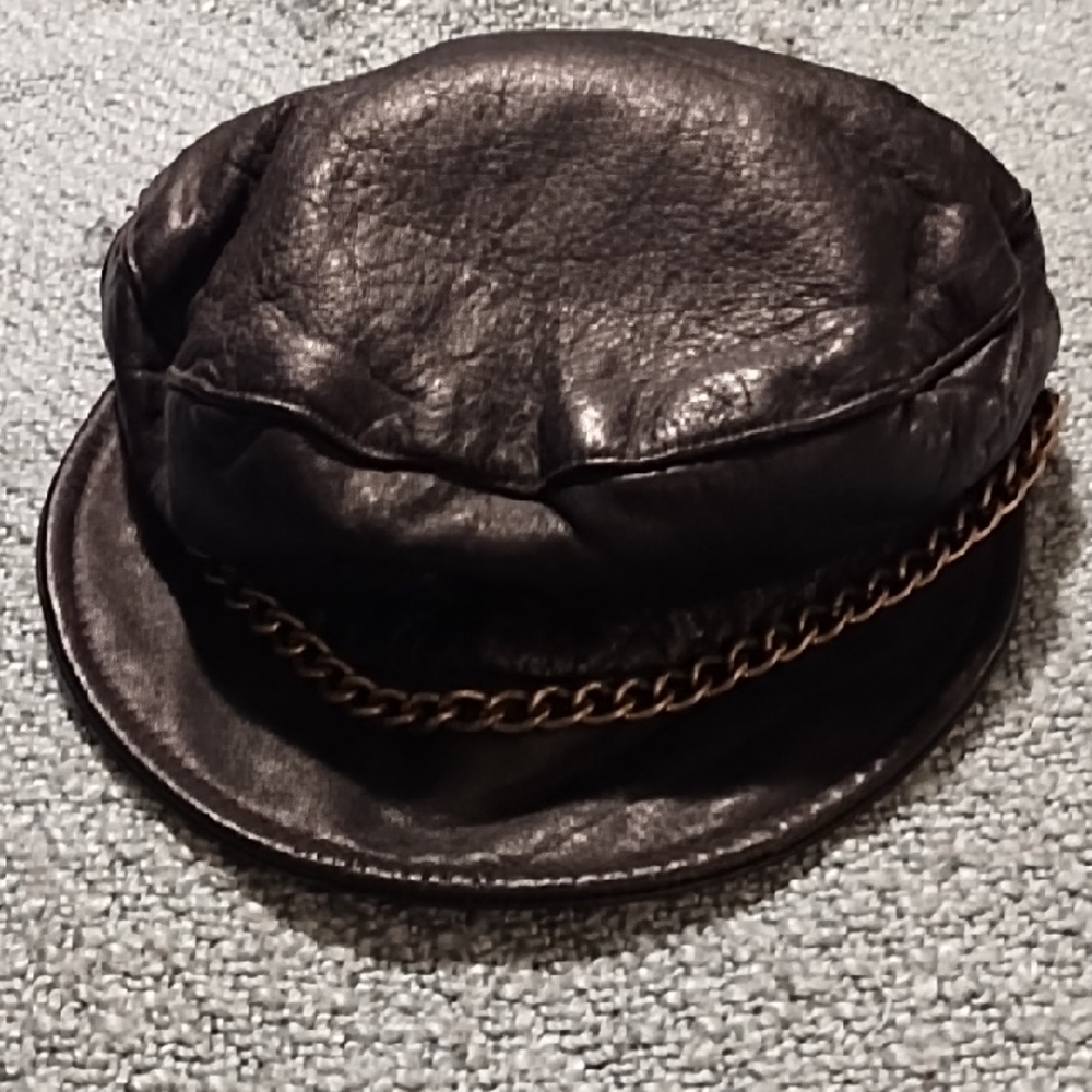 Men's Black Leather Cap with Chain Detail